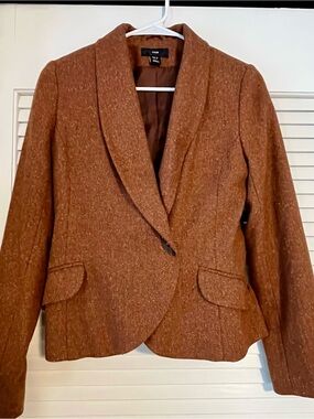 H&M Women's Rust Herringbone Shawl Collar Tweed Blazer - 6 Small